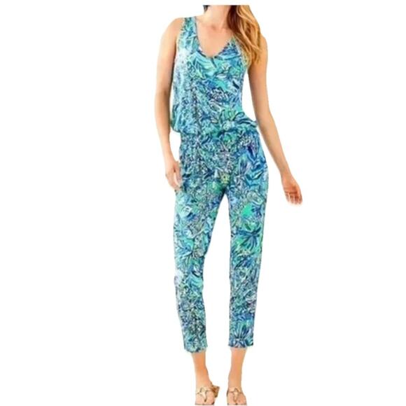 Lilly Pulitzer Paulina Jumpsuit Medium Bennet Blue Sleeveless Preppy Resortwear - Picture 1 of 5